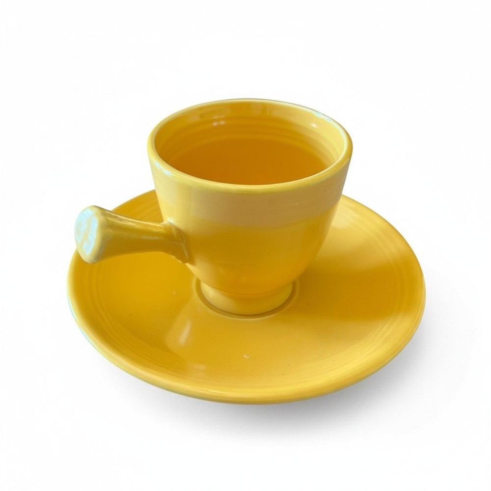 Fiesta Vintage Yellow Ceramic Stick Handle Demitasse Cup and Saucer Set Stone